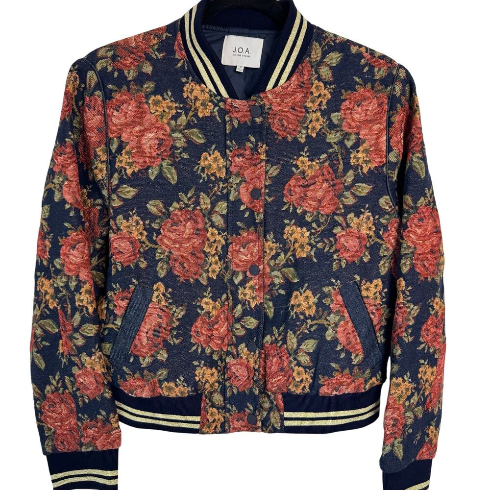JOA Long Sleeve Floral Bomber Jacket Zip Up Navy Blue Lined Pockets Womens M - Picture 2 of 11